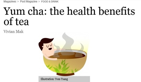 Illustration of a person relaxing in a bowl of tea, representing the health benefits of tea